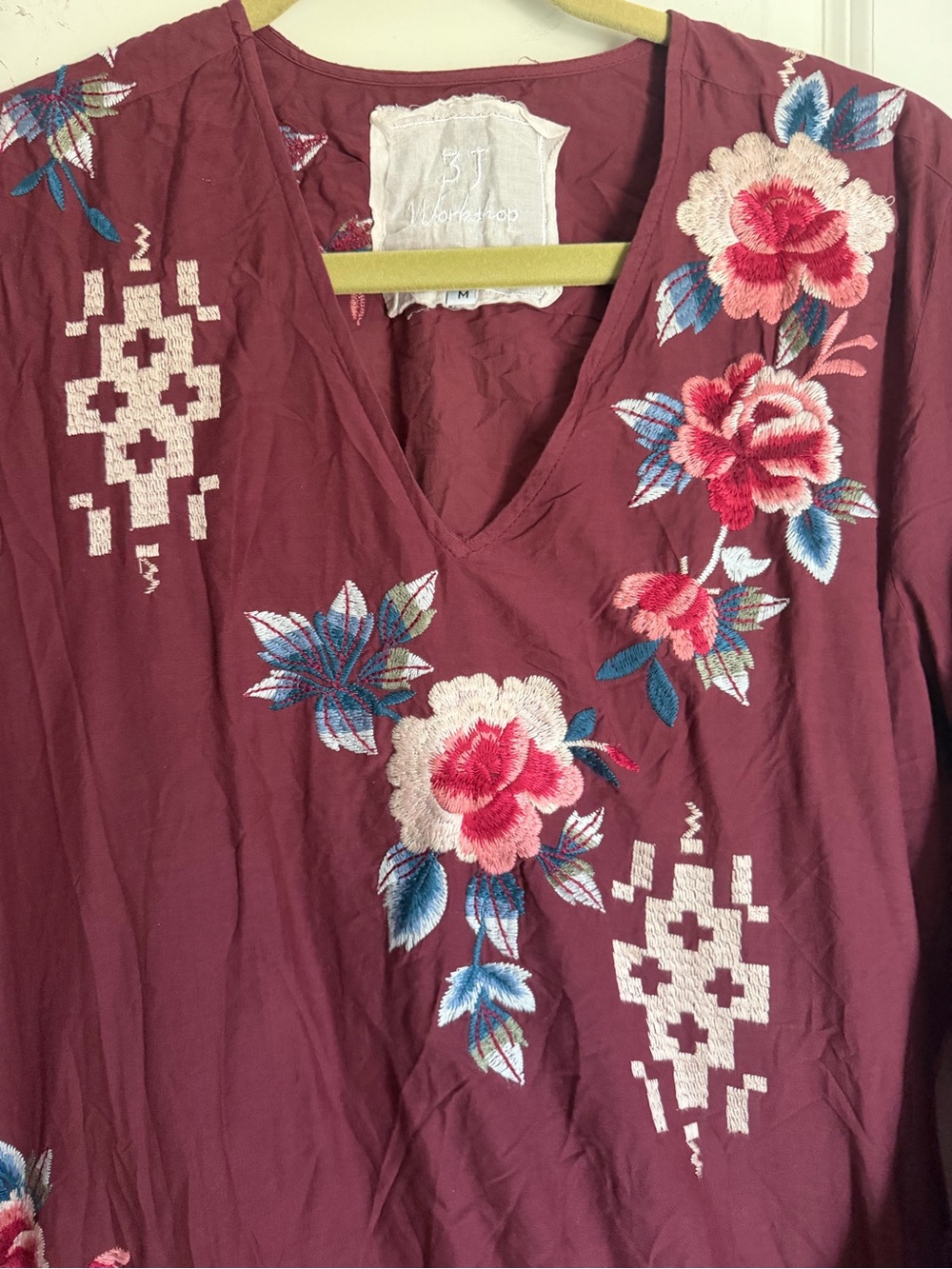 Johnny Was Tunic Top‎ Womens M Embroidered Floral Boho Burgundy cotton/silk - Picture 6 of 10